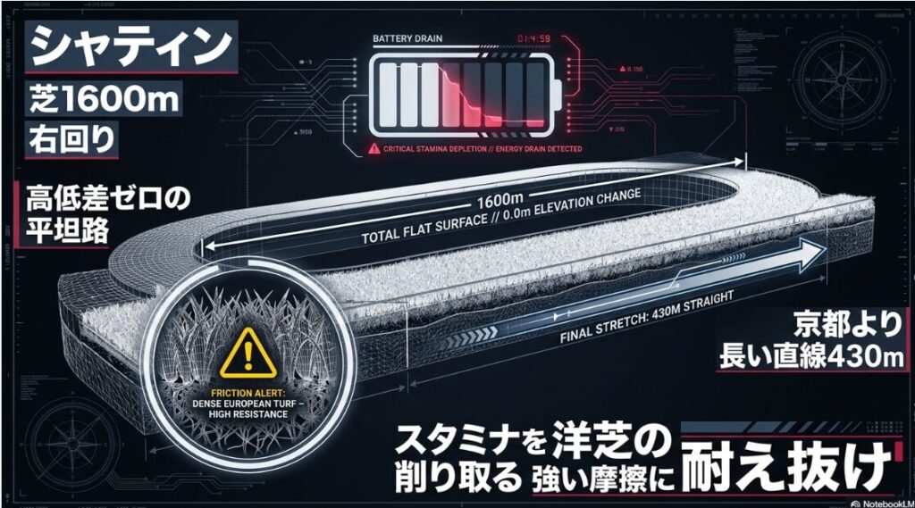 香港シャティン競馬場芝1600m右回りのコース解析図。坂のない平坦な路面、430mの長い直線、スタミナを削り取る洋芝の摩擦を物理学的に図解したインフォグラフィック