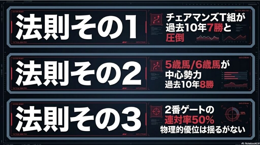 過去10年の統計データに基づく勝利の法則。前走チェアマンズトロフィー組の圧倒的勝率、5歳馬・6歳馬の優位性、2番ゲートの連対率50%を示す統計グラフ