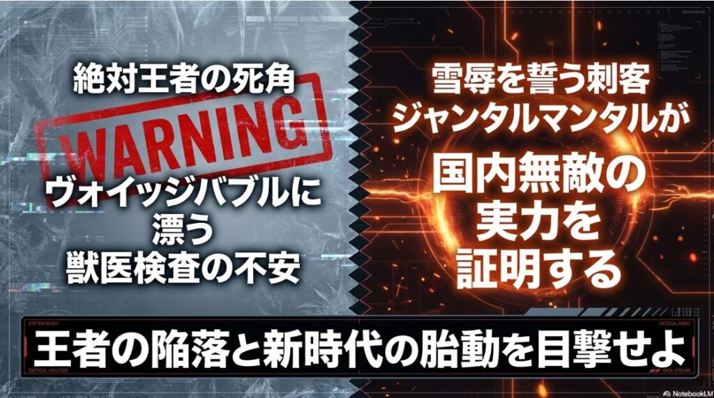 香港の雄ヴォイッジバブルと日本のジャンタルマンタルが対峙する緊迫のビジュアル。ヴォイッジバブルの体調不安（死角）とジャンタルマンタルの国内無敵の実力を対比させた解析図