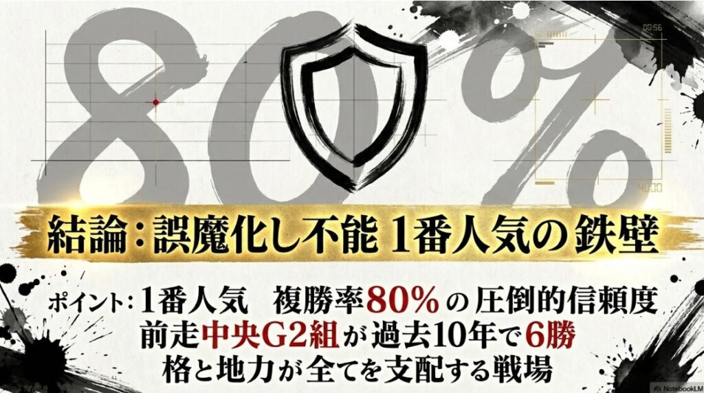 過去10年のマイラーズカップにおける1番人気複勝率80パーセントを示す統計グラフ。前走中央G2組が過去10年で6勝を挙げている実績と、格の重要性を強調したデータ分析図