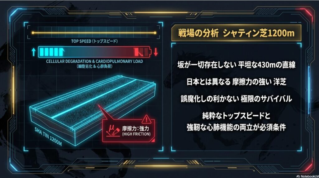 シャティン競馬場芝1200mの物理的分析図。坂のない平坦な右回り、京都外回りより長い430mの直線、摩擦の強い洋芝というコースの罠をアイコンで強調