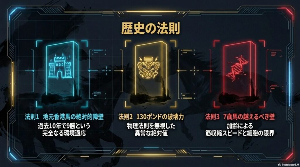 過去10年のデータ統計。地元香港馬の勝率90%という高い障壁、レーティング130ポンドの異常値、7歳馬が越えるべき細胞の限界を示すインフォグラフィック