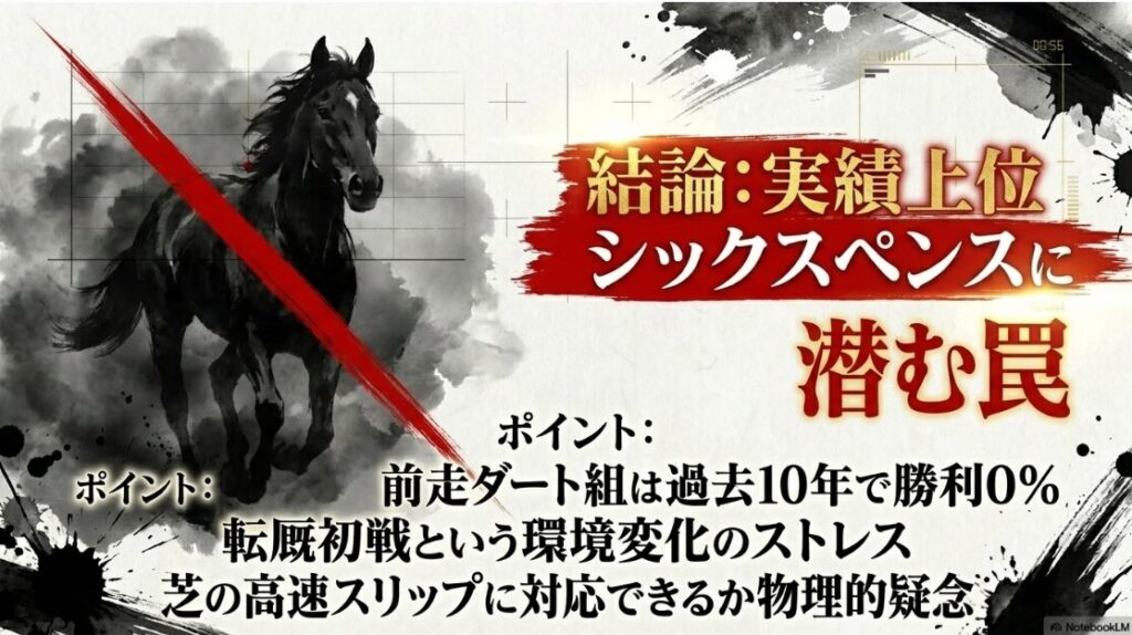 有力馬シックスペンスが抱える『前走ダート組の致死率100パーセント』という警告表示。転厩初戦の負荷と、芝の高速スリップへの対応の難しさを物理的側面から指摘した分析画像