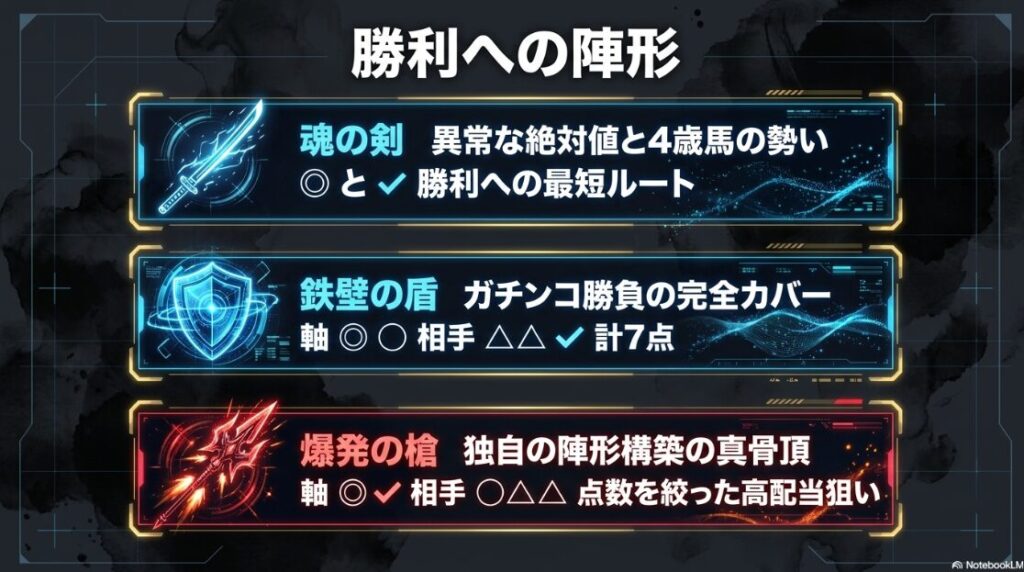 勝利への陣形図。魂の剣（ワイド一点）、鉄壁の盾（馬連7点）、爆発の槍（三連複3点）の具体的な組み合わせ