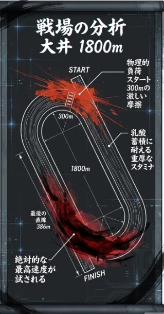 大井 1800m 物理的 負荷 摩擦と 乳酸 蓄積に 耐える 重厚な スタミナと 最高 速度
最後の 直線 386m 絶対的な 馬力が 試される