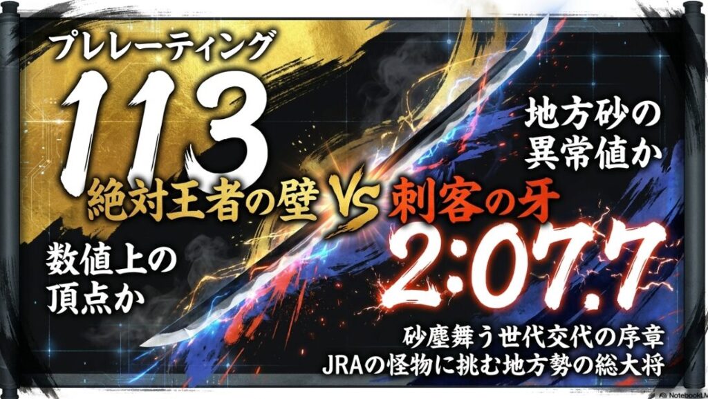 JRA 最高 評点 113 vs 地方 異常 時計 2:07.7
数値上の 頂点か 地方砂の 異常値か