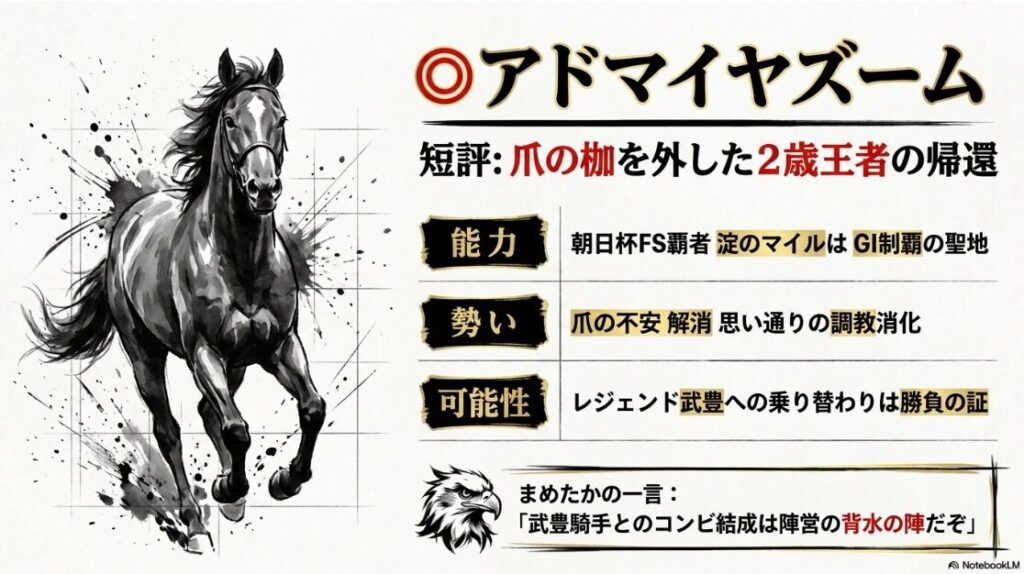 本命馬アドマイヤズームの個別分析。モーリス産駒の力強いシルエット。武豊騎手への乗り替わりと爪の不安解消による『可能性』、朝日杯FS覇者の『能力』を5段階評価で表示