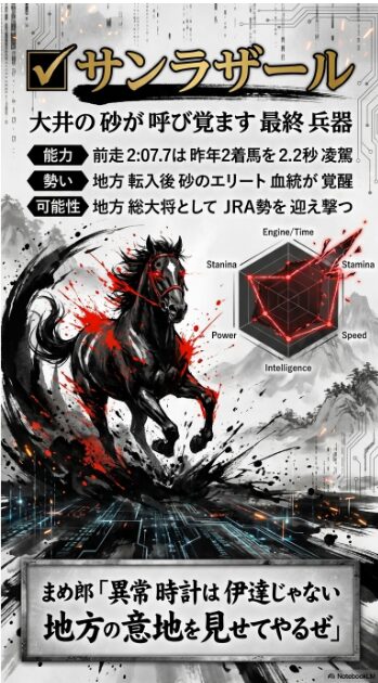 大井の 砂が 呼び覚ます 最終 兵器 能力 前走 2:07.7は 昨年2着馬を 2.2秒 凌駕 勢い 地方 転入後 砂のエリート 血統が 覚醒 可能性 地方 総大将として JRA勢を 迎え撃つ
まめ郎「異常 時計は 伊達じゃない 地方の 意地を 見せてやるぜ」