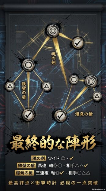 魂の剣 ワイド ◎ - ✔︎ 鉄壁の盾 馬連 軸◎◯ - 相手△△✔︎ 爆発の槍 三連複 軸◎✔︎ - 相手◯△△
最高 評点 × 衝撃 時計 必殺の 一点 突破