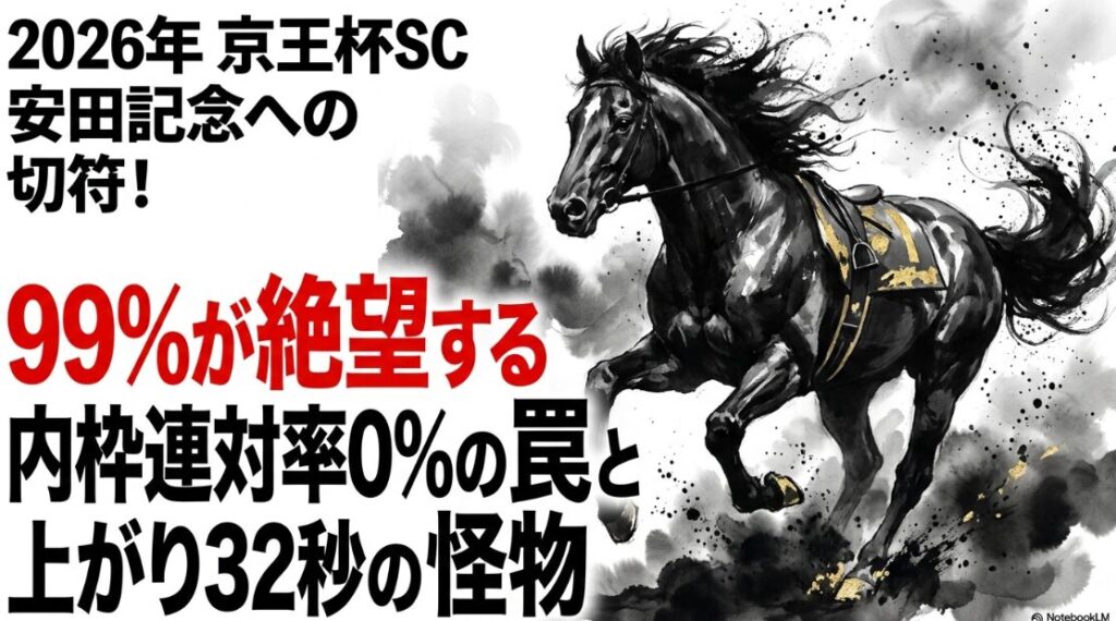 第71回 京王杯スプリングカップ 2026 表紙 疾走する競走馬の 爆発的水墨画 安田記念への 切符を懸けた戦い **内枠連対率0%**の 数字と 32秒の怪物の 文字が 躍る デザイン