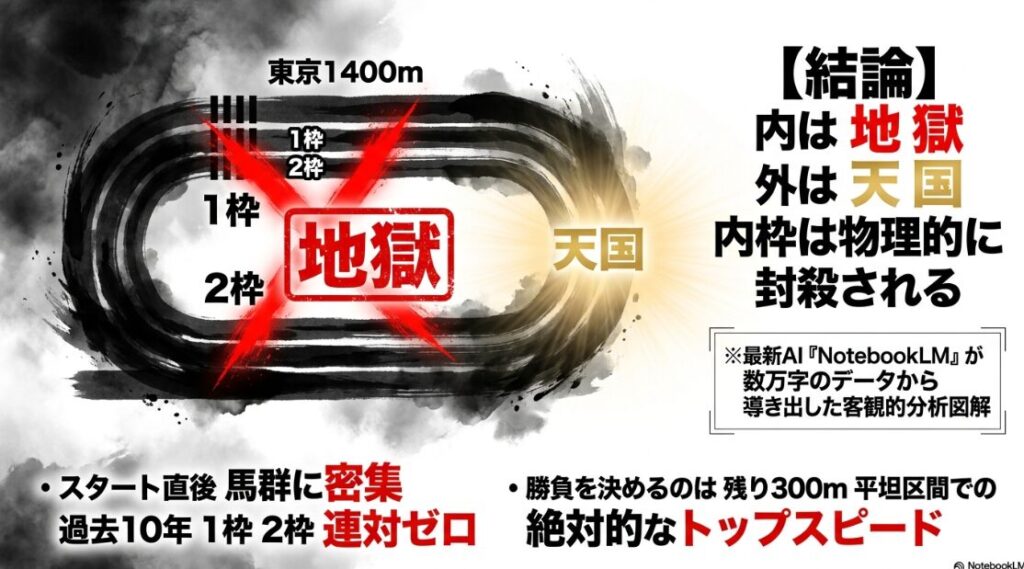東京芝1400メートルの コース分析図 内枠が 馬群に包まれる 物理的状況を 示す アイコン 内は地獄 外は天国の 文字 最新AI NotebookLMによる 物理的 解析結論の 表示