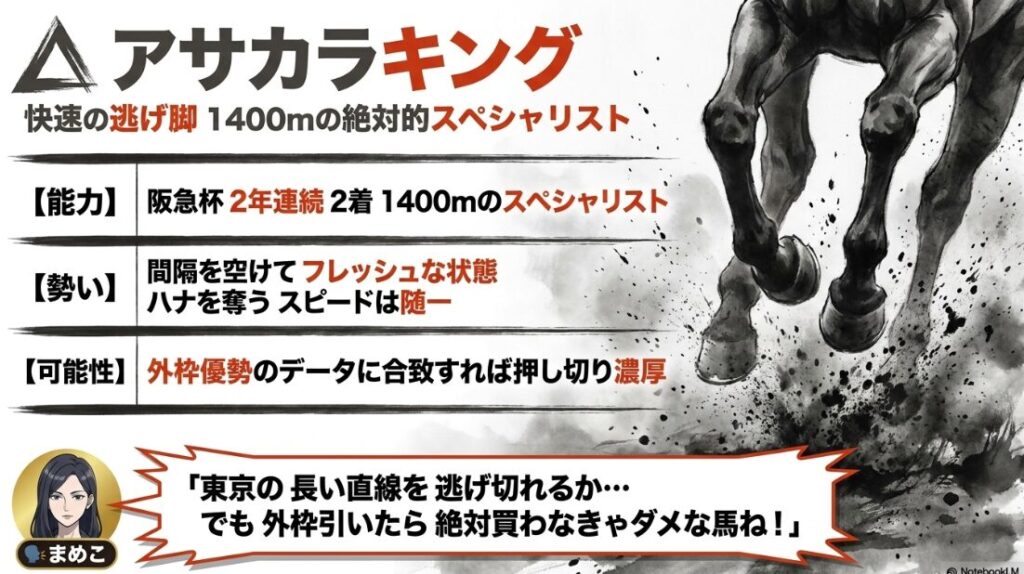 注目馬 △ アサカラキングの 紹介スライド 快速の 逃げ脚 1400mの 絶対的 スペシャリストの 文字と 先頭を 突き進む 競走馬の 疾走感ある 墨絵