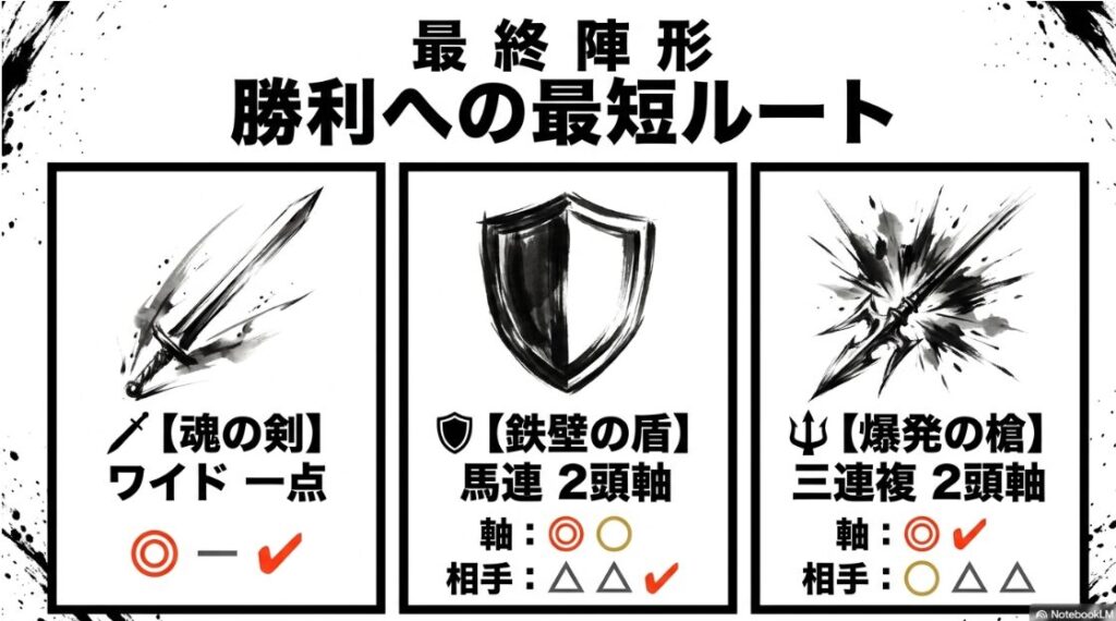 最終的な 買い目 提案の 図解スライド 魂の剣 ワイド 一点 鉄壁の盾 馬連 7点 爆発の槍 三連複 3点の アイコンと 具体的で 戦略的な 陣形の 表示
