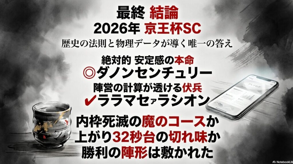 結論 スライド 歴史の 法則と 物理データが 導く 唯一の 答え ◎ ダノンセンチュリー と ✔︎ ララマセラシオンの 名前が 強調された 完結な 締め括り