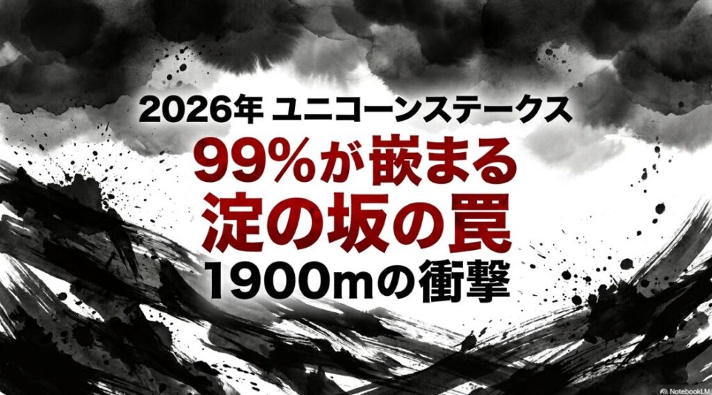 2026年 ユニコーンステークス 予想スライド 表紙 99%が 嵌まる 淀の坂の 罠と 1900mの 衝撃を 伝える 迫力ある 競馬解析画像 統計学と 物理学で 紐解く 砂の 闘争