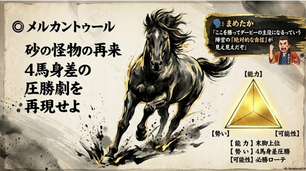 注目馬 メルカントゥールの 激走シーン 4馬身差 圧勝を 象徴する 砂の 怪物の 迫力ある 水墨画風 画像 メンバー 上位の 末脚と 必勝ローテを 解説