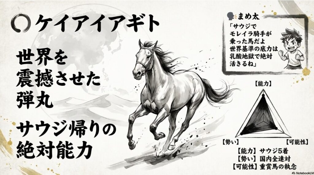 注目馬 ケイアイアギトの 激走シーン サウジダービー 5着の 世界基準の 能力と 芦毛の 弾丸を 象徴する 重厚な 筆致の 画像 国内復帰戦の 執念