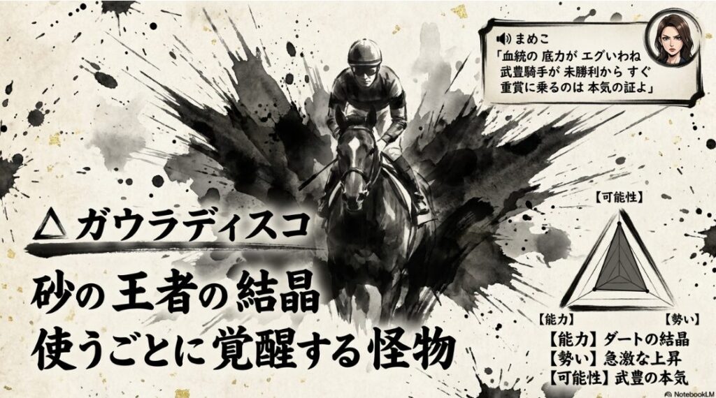 注目馬 ガウラディスコの 激走シーン 父クリソベリルと 母父フリオーソの 砂の 王者の 血が 目覚める 瞬間を 描いた 躍動感ある 画像