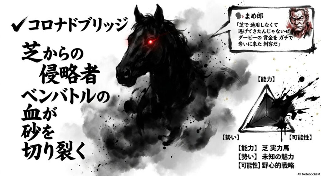 不気味な 変数 コロナドブリッジの 激走シーン 芝から 砂へと 侵略する 刺客の 鋭さと 未知の 爆発力を 予感させる ミステリアスな 画像