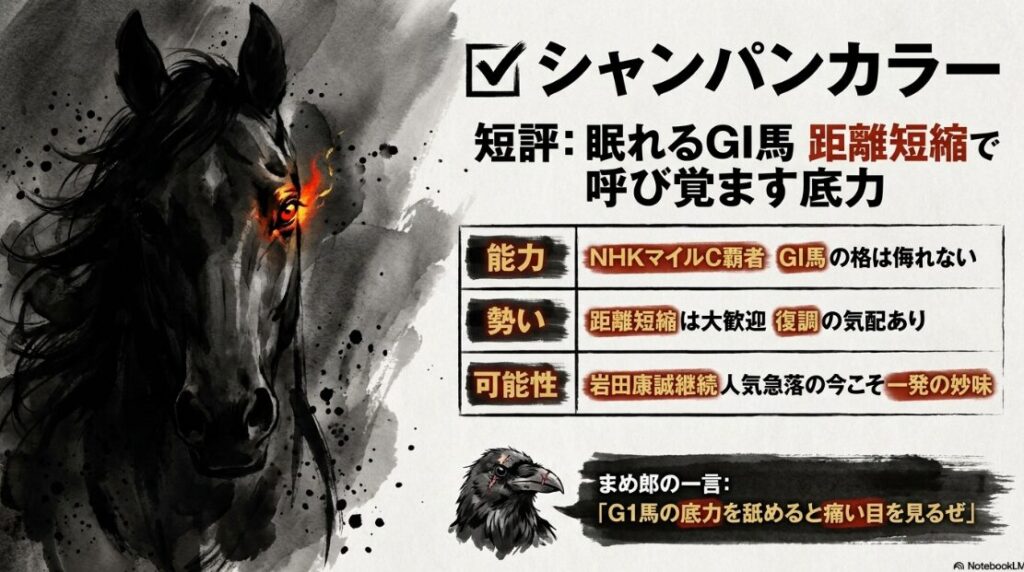 穴馬チェック・シャンパンカラーの個別分析。ドゥラメンテ産駒の底力。NHKマイルC覇者の格と、距離短縮による激走の『可能性』、岩田康誠騎手の継続騎乗を強調