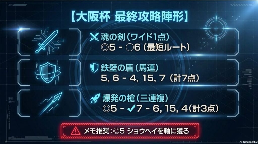 大阪杯の最終買い目まとめ 魂の剣・鉄壁の盾・爆発の槍のアイコンと共に ショウヘイ軸の馬券戦略をスクリーンショット用に整理した図解