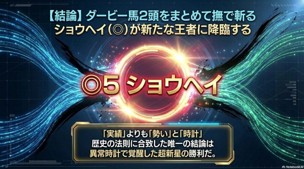 大阪杯の最終結論 歴史の法則に合致したショウヘイが2世代のダービー馬を撫で斬りにすることを宣言する 勝利を確信する金箔舞うエンディング画像