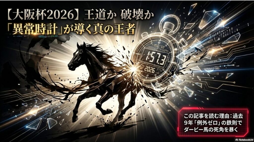 大阪杯2026の表紙画像 力強い水墨画の馬と金箔の稲妻が描かれ 過去9年例外ゼロの絶対法則により異常時計の超新星がダービー馬を脅かすことを告げるアイキャッチ