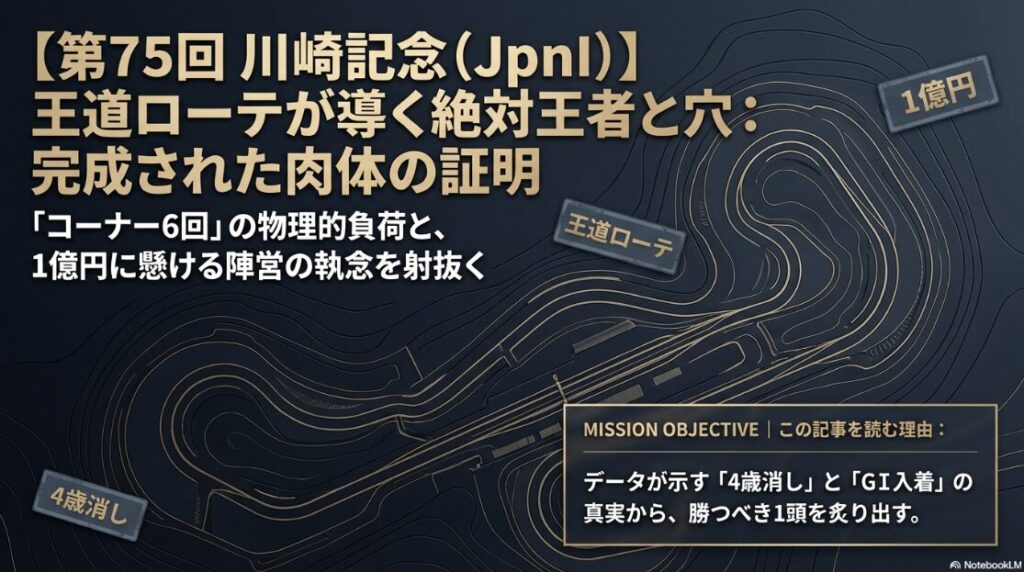 川崎記念2026予想の表紙スライド。「完成された肉体の証明」をテーマに、水墨画風の馬と、レースの物理的負荷・陣営の執念を強調したキャッチコピーの構成。