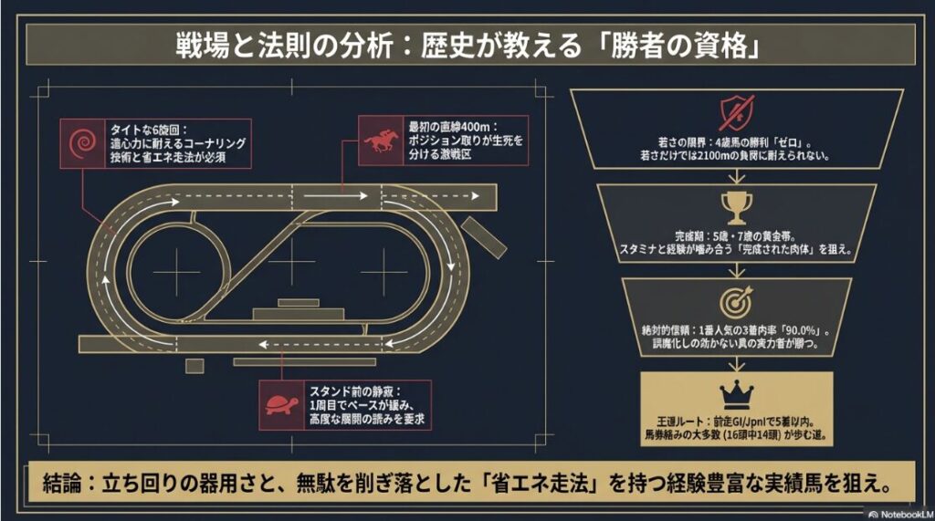  川崎競馬場2100mコースの図解スライド。1周1200mを1周半、タイトな6つのコーナーを回る過酷なレイアウトと、位置取り・展開の重要性を説明
過去10年のデータ傾向スライド。4歳馬の勝利数ゼロ、5歳・7歳馬の黄金期、1番人気の3着内率90%という「勝者の法則」を数値で強調