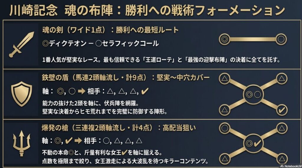 川崎記念の買い目「魂の布陣」。ワイド1点「魂の剣」、馬連流し「鉄壁の盾」、三連複2頭軸「爆発の槍」の具体的点数と戦略
