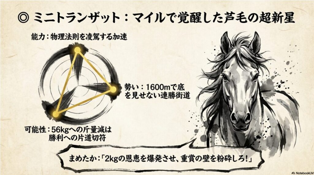  ◎ミニトランザットの 分析シート 芦毛の 馬体が 躍動する イメージ画像と 「能力＝物理法則を凌駕」 「勢い＝連勝街道」 などの 強烈な キーワード まめたかが 「重賞の壁を 粉砕しろ！」 と 叫ぶ 吹き出しが 配置されている
