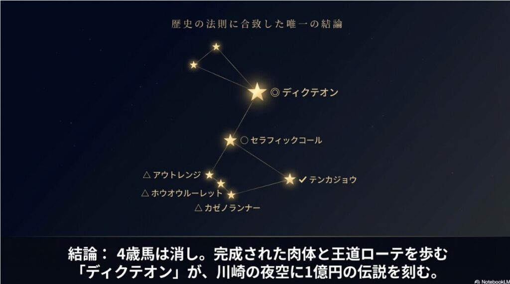 最終結論の再提示。ディクテオンを筆頭とした印のまとめと、「4歳馬は消し」というデータに基づく勝利の宣言