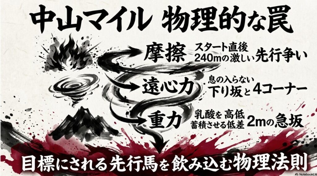 中山マイル 物理的な罠 摩擦 スタート直後 240mの 激しい 先行争い 遠心力 息の入らない 下り坂 と 4コーナー 重力 乳酸を 蓄積させる 高低差 2mの 急坂 アイコン図解