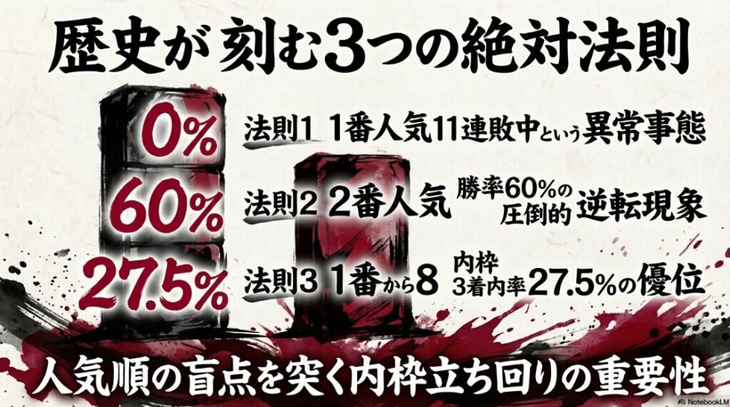 歴史が 刻む 3つの絶対法則 法則1 1番人気 11連敗中 という 異常事態 法則2 2番人気 勝率 60% の 圧倒的 信頼度 法則3 1番から 8番 内枠 3着内率 27.5% の 優位
