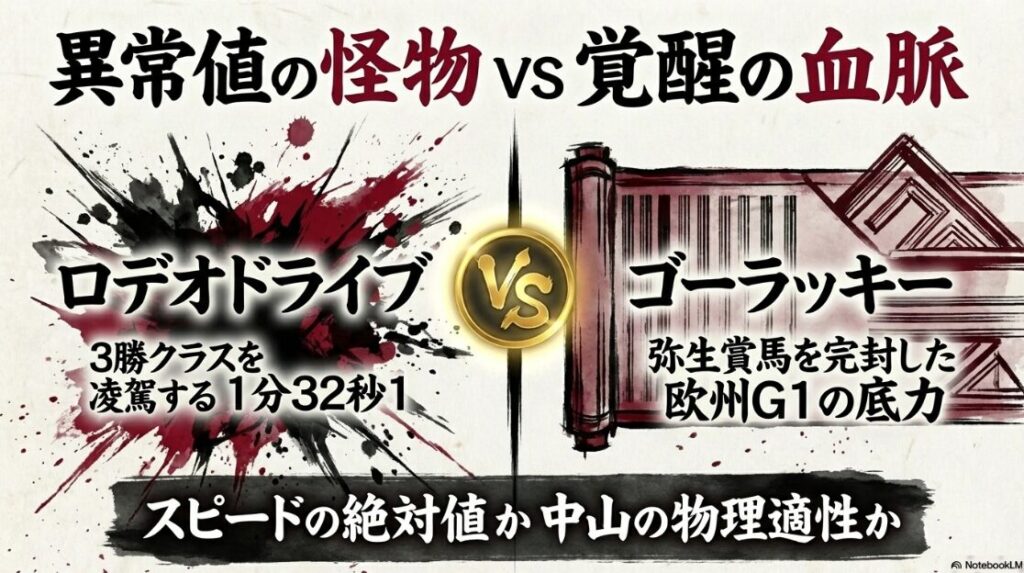 異常値の 怪物 vs 覚醒の 血脈 ロデオドライブ 3勝クラスを 凌駕する 1分32秒1 の 時計 ゴーラッキー 弥生賞馬を 完封した 欧州G1の 底力 物理適性と 血統背景の 対比図