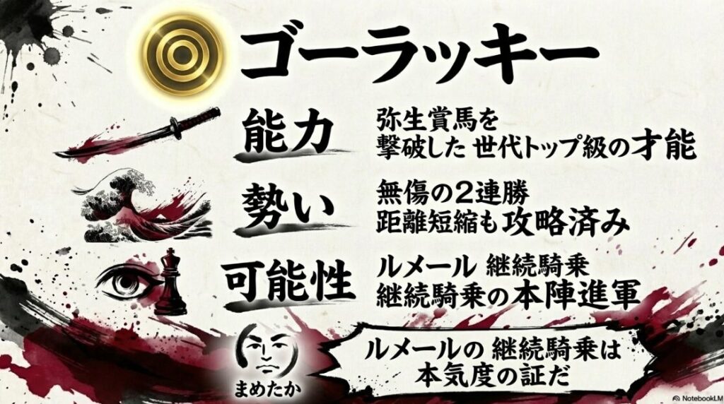 ◎ ゴーラッキー 能力 弥生賞馬 撃破の ポテンシャル 勢い 無傷の 2連勝 可能性 ルメール 継続騎乗 まめたか ルメール継続は 本陣進軍への 強烈な 意思表示だ