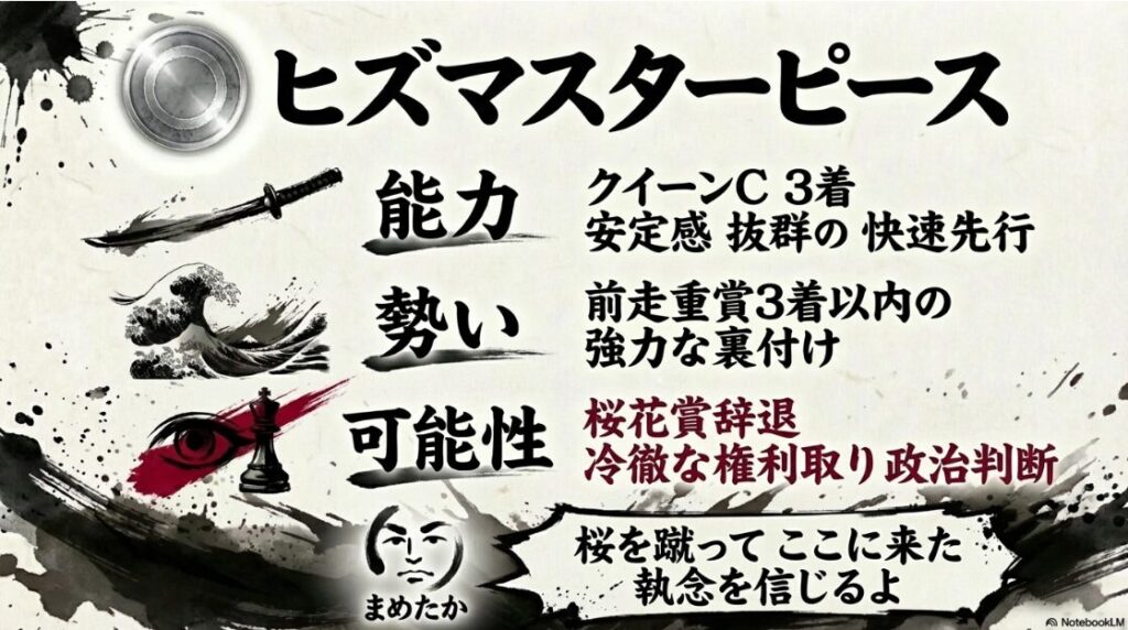 ◯ ヒズマスターピース 能力 クイーンC 3着 安定感 勢い 前走重賞 3着以内 の 裏付け 可能性 桜花賞辞退という 冷徹な 政治判断 まめ太 桜を蹴って ここに来た 執念を 信じるよ