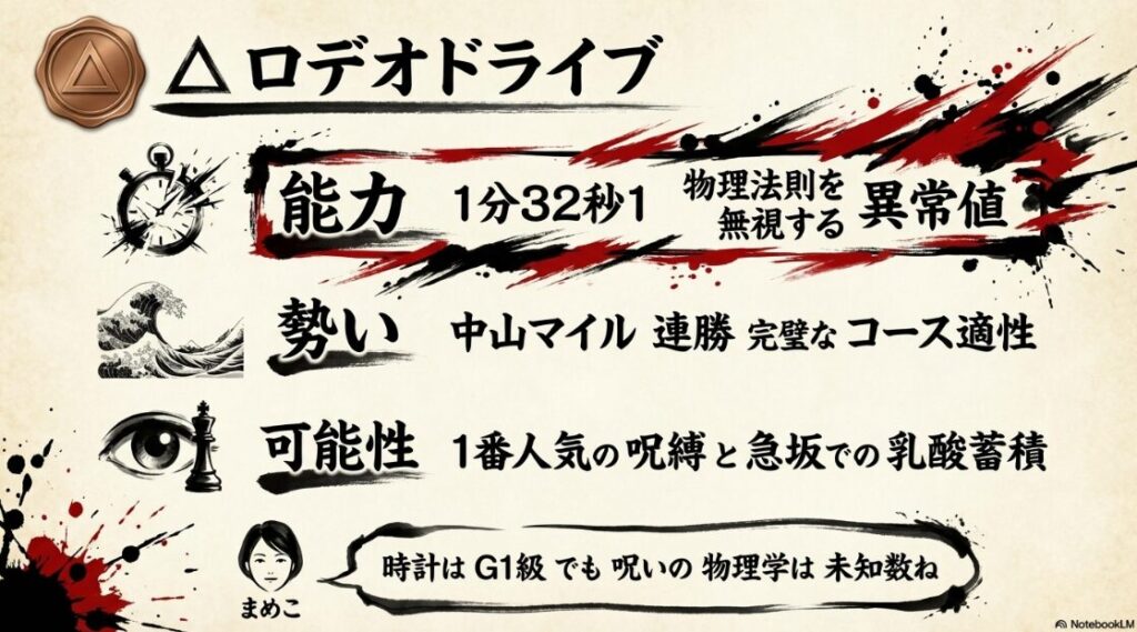 △ ロデオドライブ 能力 1分32秒1 物理法則を 無視する 異常値 勢い 中山マイル 連勝の 適性 可能性 1番人気の 呪縛 と 急坂での 乳酸蓄積 まめこ 時計は G1級 でも 呪いの物理学は 未知数ね