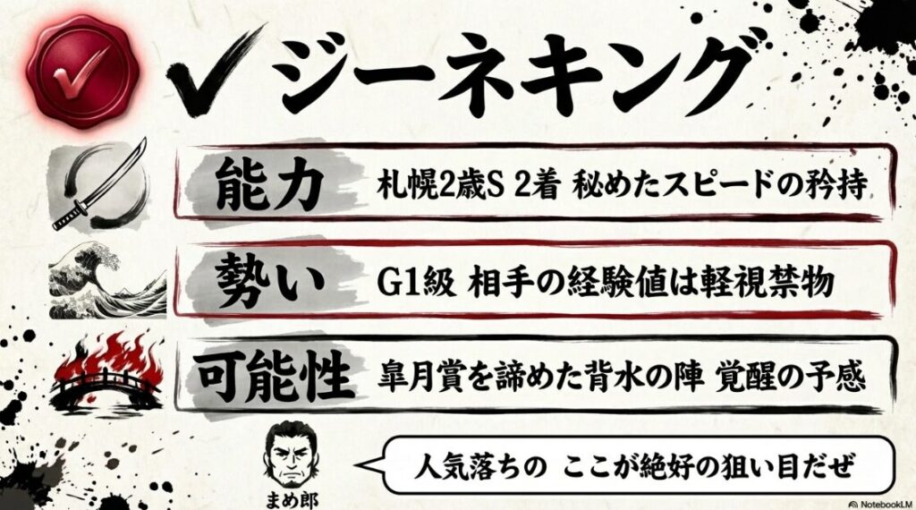 ✔︎ ジーネキング 能力 札幌2歳S 2着 の 矜持 勢い G1級 相手の 経験値 可能性 皐月賞を 諦めた 背水の陣 まめ郎 人気落ちの ここが 絶好の 狙い目だぜ