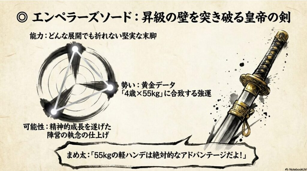 ◯エンペラーズソードの 分析シート 「4歳馬 × 55kg」 という 黄金データへの 合致を 示す 金色の エンブレム まめ太が 「55kgは 絶対的な アドバンテージだよ！」 と 元気よく 推している 視覚構成