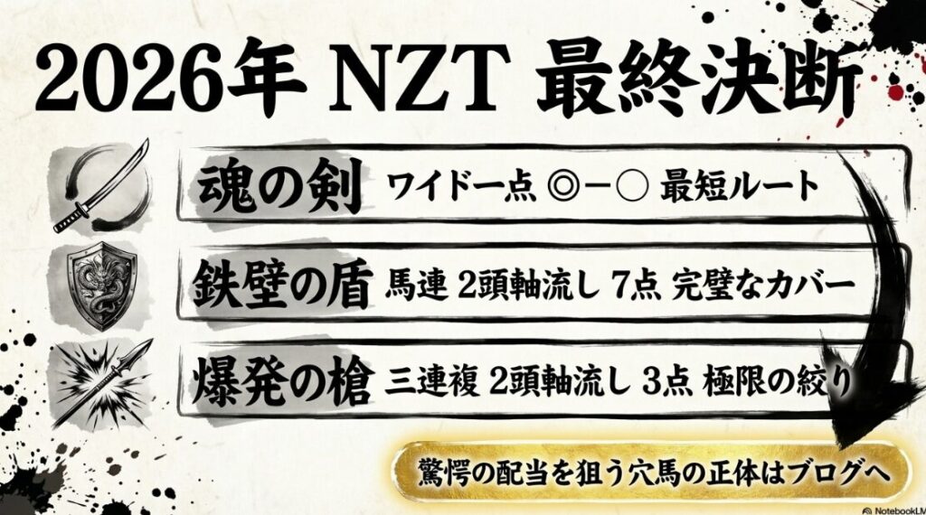 2026年 NZT 最終決断 魂の剣 ワイド一点 ◎ ー ◯ 鉄壁の盾 馬連 2頭軸流し 7点 爆発の槍 三連複 2頭軸流し 3点 剣 盾 槍 の アイコンと 具体的な 買い目