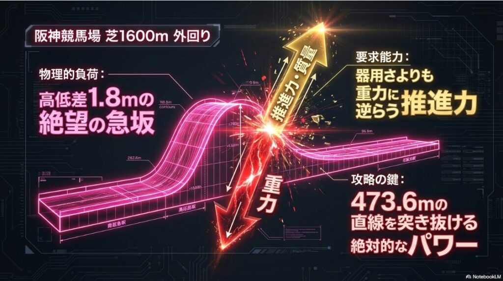 阪神競馬場 芝1600m 外回り 物理的負荷: 高低差 1.8mの 絶望の急坂 要求能力: 器用さよりも 重力に 逆らう 推進力 攻略の鍵: 473.6mの 直線を 突き抜ける 絶対的な パワー