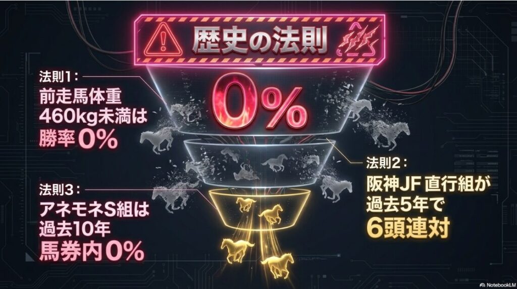 法則1: 前走馬体重 460kg未満は 勝率 0% 法則2: 阪神JF 直行組が 過去5年で 6頭連対 法則3: アネモネS組は 過去10年 馬券内 0%
