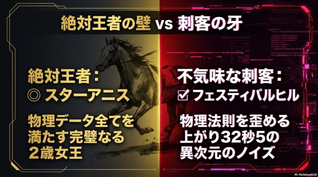 絶対王者: ◎ スターアニス 物理データ 全てを 満たす 完璧なる 2歳女王 不気味な 刺客: ✔︎ フェスティバルヒル 物理法則を 歪める 上がり 32秒5の 異次元のノイズ