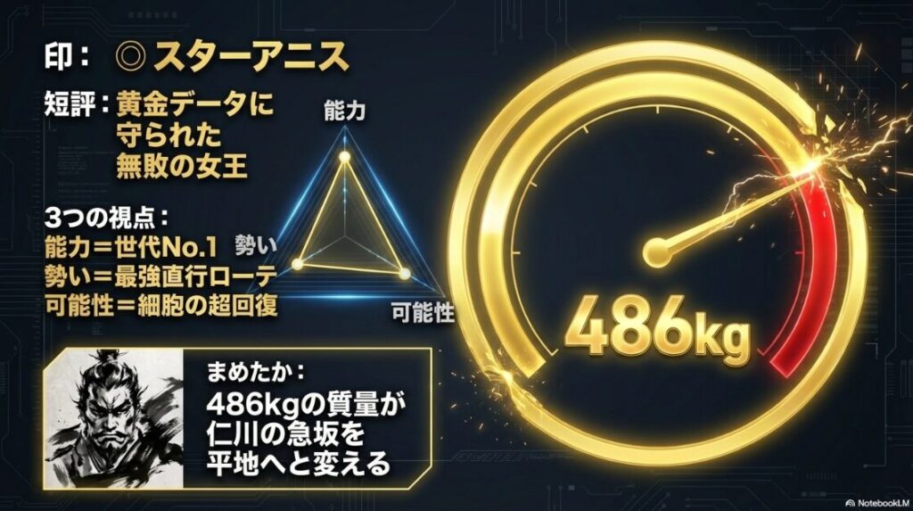 ◎ スターアニス 黄金データに 守られた 無敗の女王 能力= 世代No.1の スピード 勢い= JF直行の 最強ローテ 可能性= 細胞が 超回復した 究極の状態 まめたか: 486kgの 質量が 仁川の 急坂を 平地へと 変える