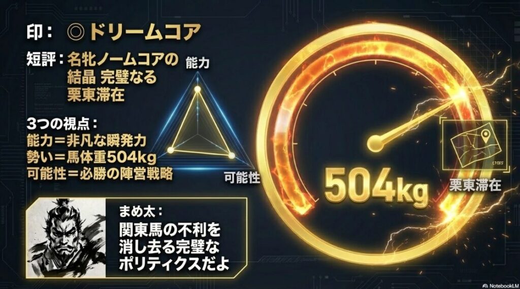 ◯ ドリームコア 名牝ノームコアの 結晶 完璧なる 栗東滞在 能力= 非凡な 瞬発力 勢い= 馬体重 504kgの 物理的優位 可能性= 輸送ストレスを 排除した 必勝戦略 まめ太: 関東馬の 不利を 消し去る 完璧な ポリティクスだよ