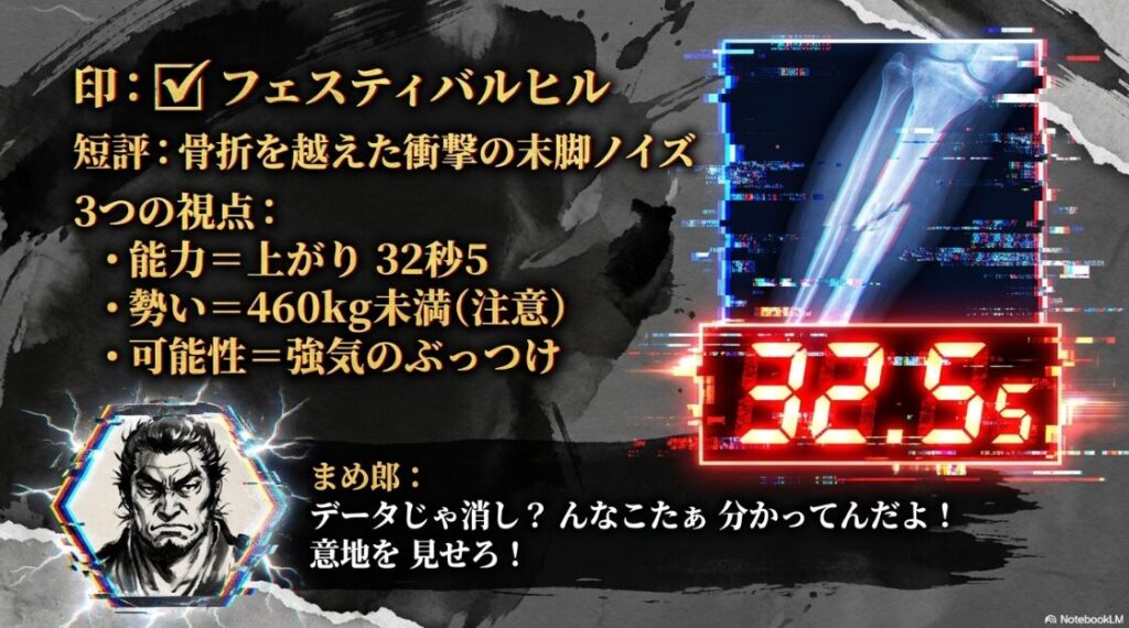 ✔︎ フェスティバルヒル 骨折を 越えた 衝撃の 末脚ノイズ 能力= 上がり 32秒5の 物理破壊 勢い= 460kg未満の 壁に 挑む 規格外の怪物 可能性= 坂井瑠星と 共に 奇跡を 起こす 意志 まめ郎: データじゃ 消し? んなこたぁ 分かってんだよ! 意地を 見せろ!