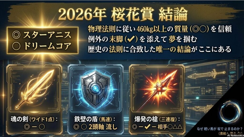 ◎ スターアニス ◯ ドリームコア 魂の剣: ワイド 1点 ◎ ー ◯ 鉄壁の盾: 馬連 2頭軸 ◎ ◯ ー 全体 爆発の槍: 三連複 2頭軸 ◎ ✔︎ ー 相手◯△△
2026年 桜花賞 結論 物理法則に 従い 460kg以上の 質量を 信頼せよ 例外の 末脚を 添えて 夢を 掴む 歴史の 法則に 合致した 唯一の 結論が ここに ある