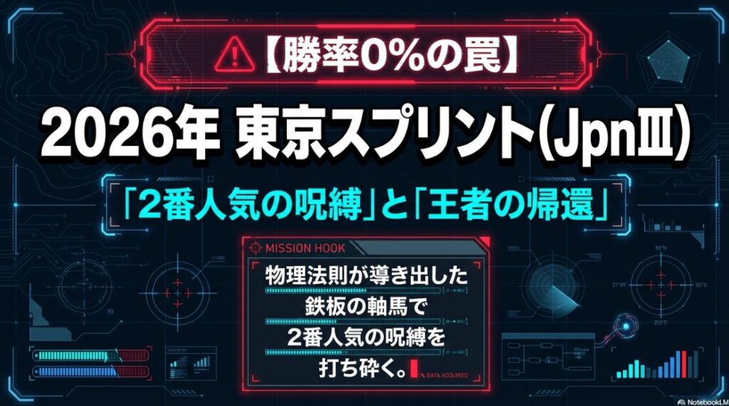 2026年東京スプリント(JpnIII)の競馬予想スライド表紙。背景には「2番人気の呪縛」と「王者の帰還」という大きなキャッチコピーが配置され、スマホで一瞬で内容が理解できる【勝率0%の罠】という強いネガティブフックが左側に記載されている