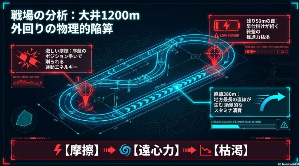 大井競馬場ダート1200m外回りコースの物理的特徴を図解。地方最長となる386mの直線が生むスタミナ消費、序盤のポジション争いによる「摩擦」、そして仕掛けのタイミングを誤るとエネルギーが枯渇する「残り50mの罠」をアイコンで視覚化している